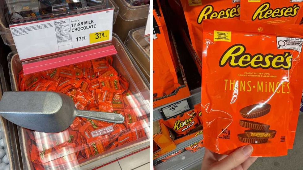 bin of \u200bReese's Thins at Bulk Barn. Right: person holding bag of Reese's Thins at Walmart.
