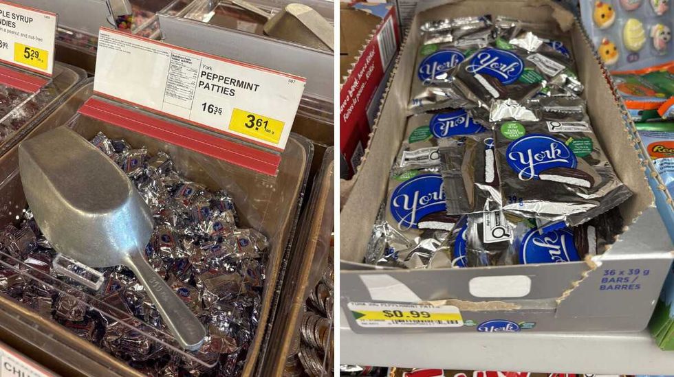 bin of York peppermint patties at Bulk Barn. Right: packs of York peppermint patties at Dollarama.