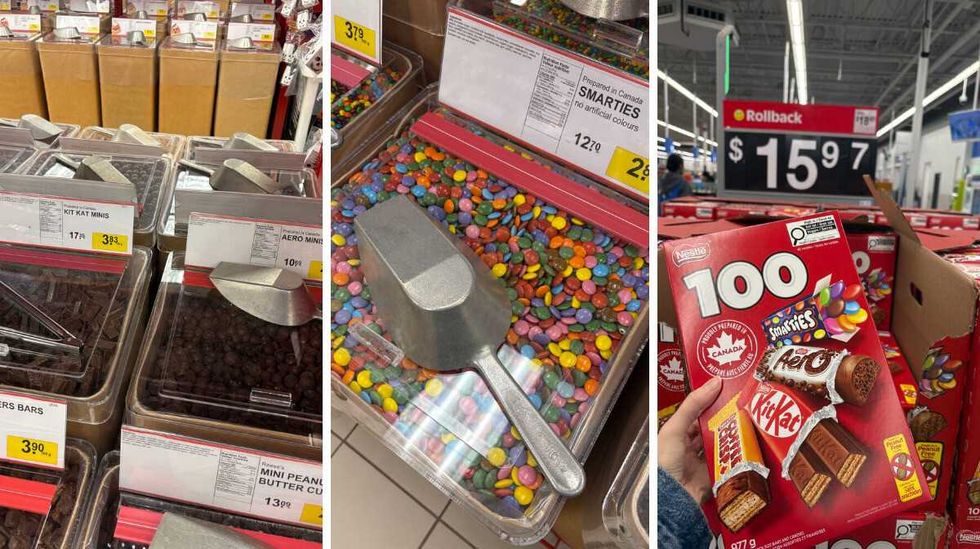 bins of \u200bKitKat and Aero at Bulk Barn. Centre: bin of Smarties at Bulk Barn. Right: person holding box of Coffee Crisp, KitKat, Aero and Smarties at Walmart.