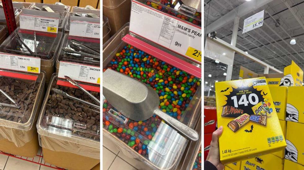 bins of \u200bTwix and Snickers at Bulk Barn. Centre: bin of Peanut M&M's at Bulk Barn. Right: person holding box of Mars, Twix, Snickers and peanut M&M's at Costco