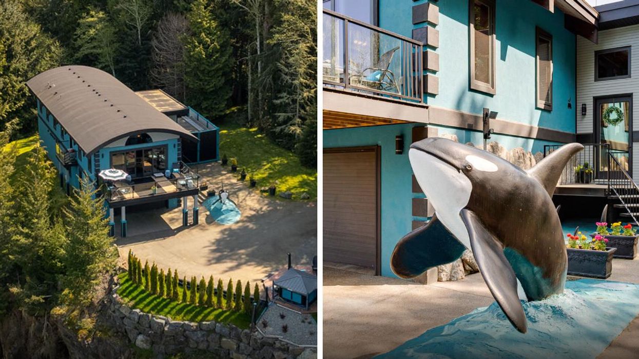 Bird's eye view of the home. Right: Orca statue at the front of the home.