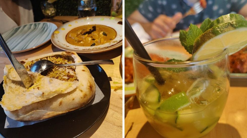 Biryani and Chicken Chettinad. Right: Mango Mule drink.