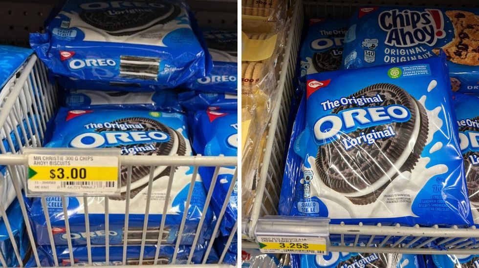 Biscuits Oreo \u00e0 3 $. Droite : Biscuits Oreo \u00e0 3,25 $.