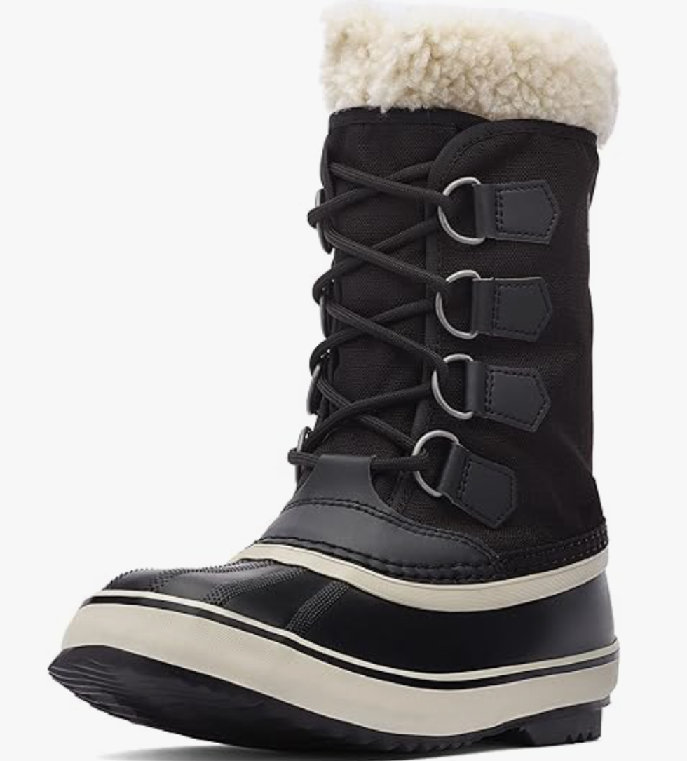 Black and white Sorel winter boots.