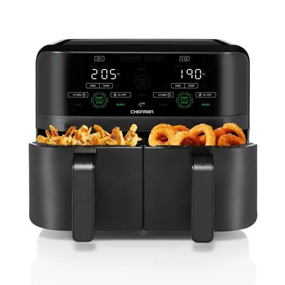 black chefman turbofy touch dual air fryer with a digital display