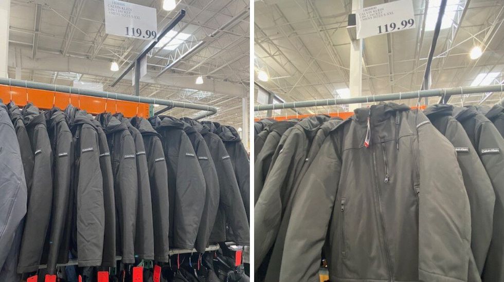 Black jackets hanging on a rack on display at Costco. Right: Black jackets on display at Costco.