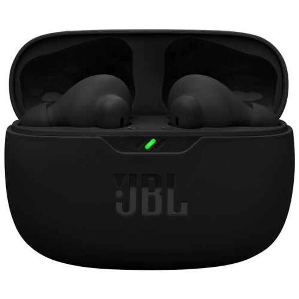 black JBL Vibe Beam 2 in-ear noise-cancelling wireless earbuds