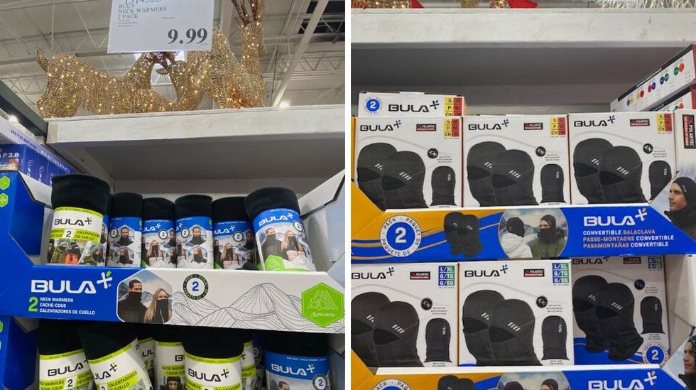 Black neck warmers on display at Costco. Right: Boxes of balaclavas on display at Costco.