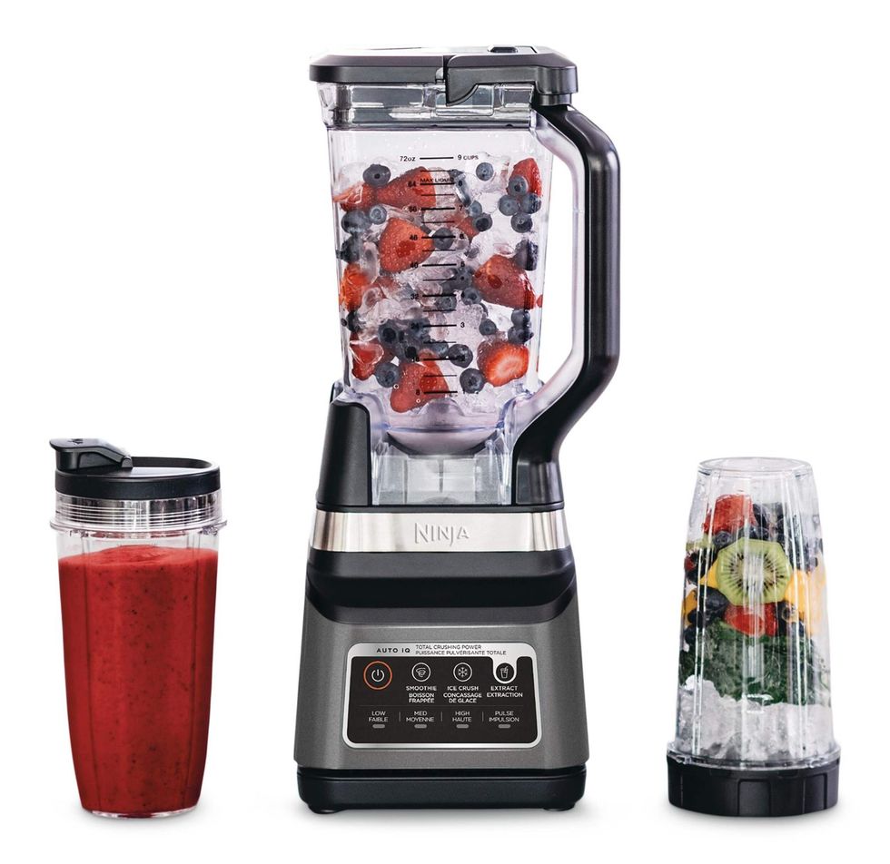 black \u200bninja blender with two cups.