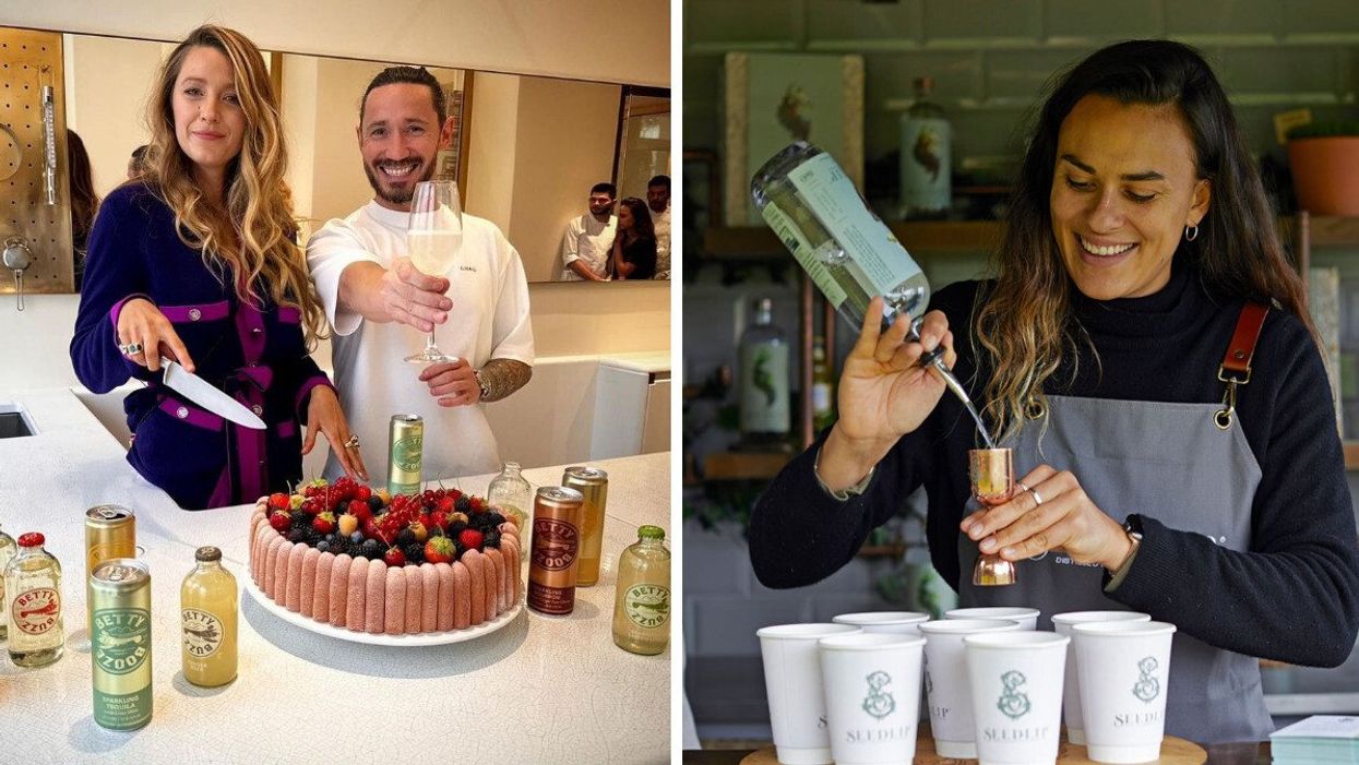 Blake Lively and chef Cedric Grolet with her Betty Buzz and Betty Booze drinks. Right: A woman making drinks with Seedlip.