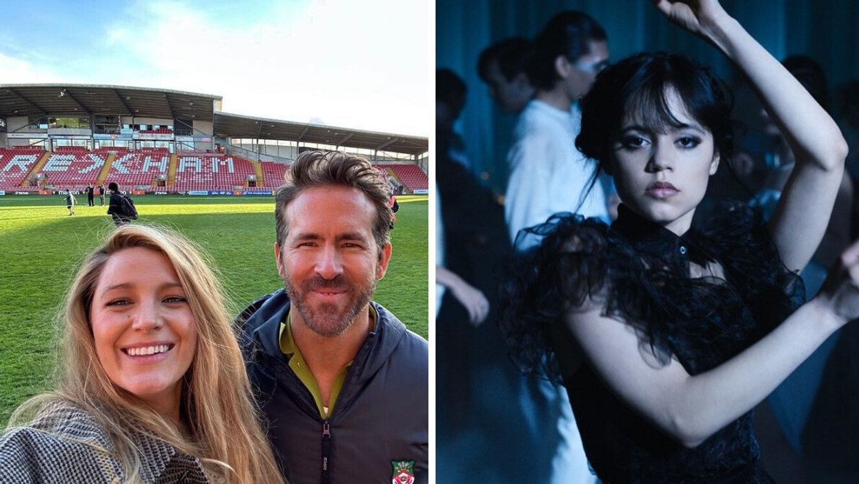 Blake Lively and Ryan Reynolds at Wrexham AFC's home field. Right: Jenna Ortega in Netflix's "Wednesday."