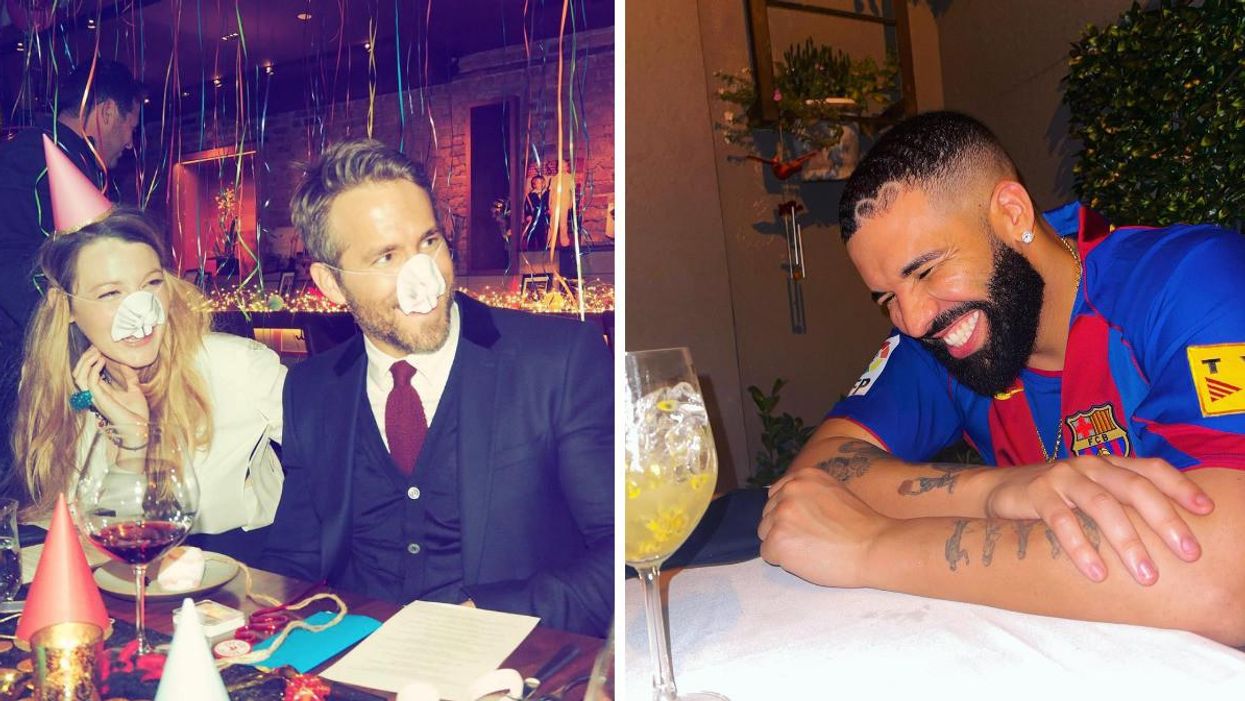 Blake Lively and Ryan Reynolds celebrate a birthday in a restaurant. Right: Drake laughs beside a drink.