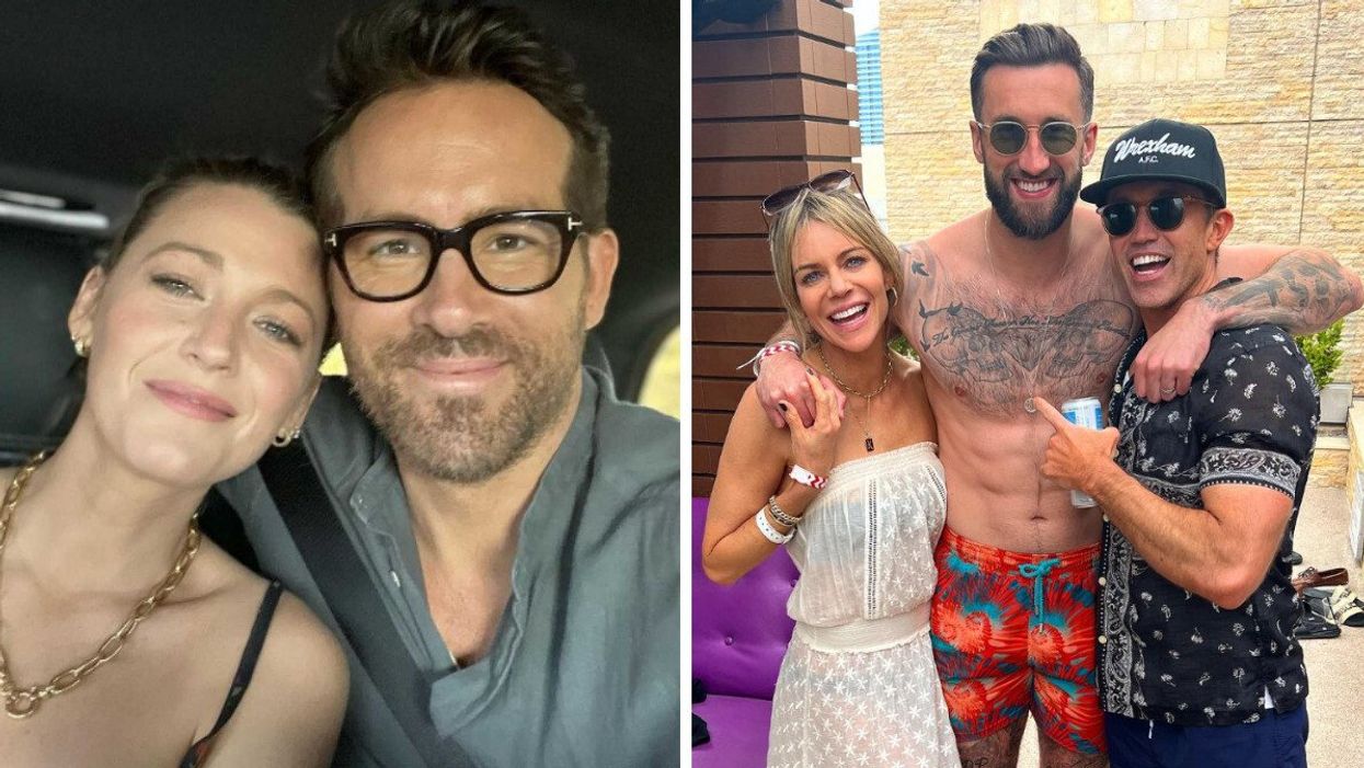 Blake Lively and Ryan Reynolds. Right: Wrexham player Ollie Palmer with Kaitlin Olson and Rob McElhenney.