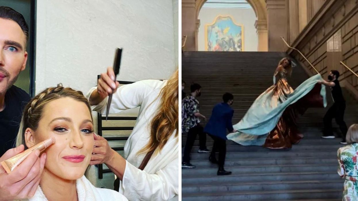 Blake Lively getting her hair and makeup done. Right: Blake Lively practicing her dress transformation.