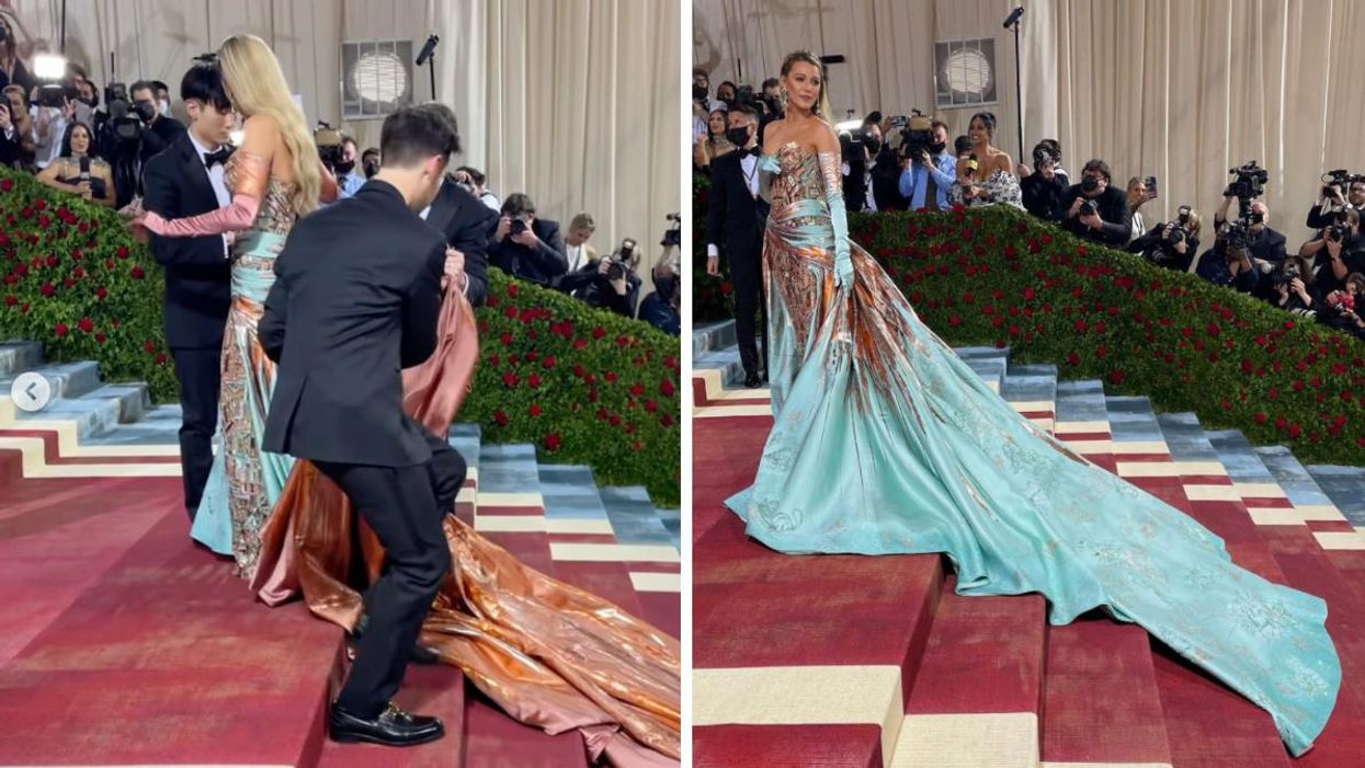 Blake Lively on the Met Gala red carpet having her dress transformed. Right: Blake Lively in her second dress.