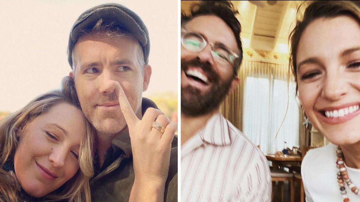 Blake Lively picking Ryan Reynolds' nose. Right: Ryan Reynolds and Blake Lively laughing.