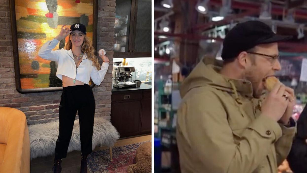 Blake Lively. Right: Seth Rogen eating at Lee's Donuts in Vancouver.