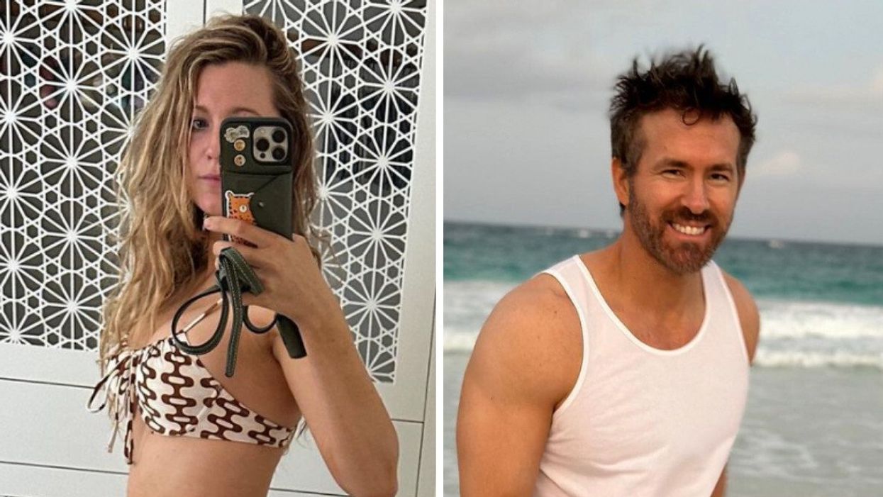 Blake Lively's bikini selfie posted on Instagram. Right: Ryan Reynolds at the beach.