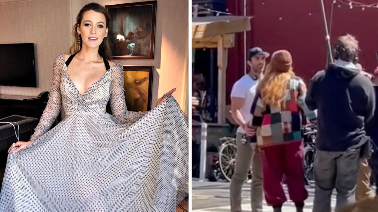 Blake Lively, who plays 'Lily' in 'It Ends With Us.' Right: Justin Baldoni and Blake Lively on set.