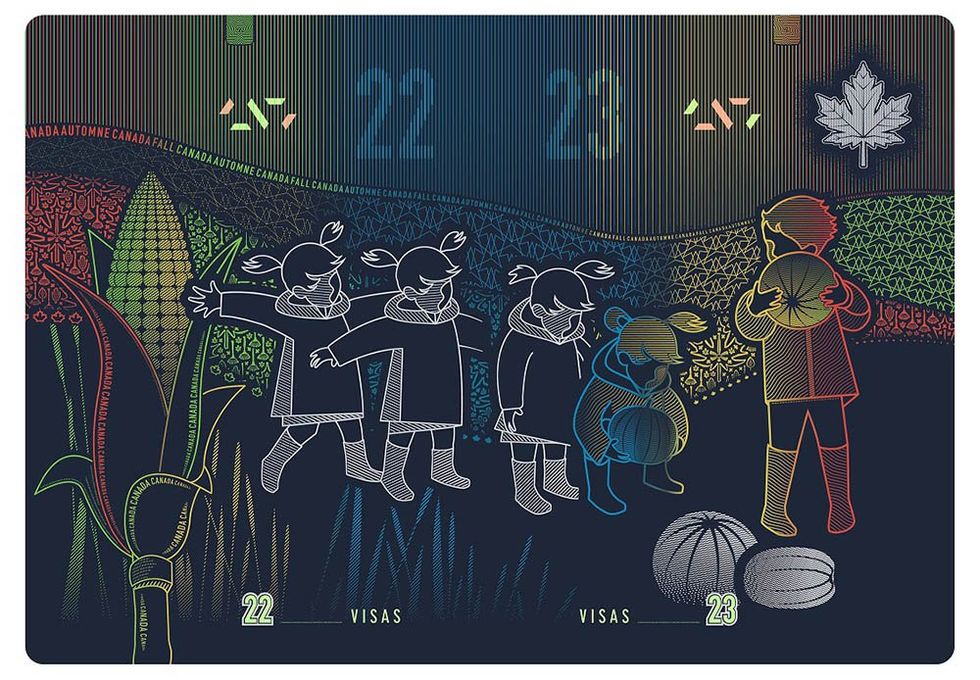 Blank visa pages in the new passport that show children on a farm in fall.