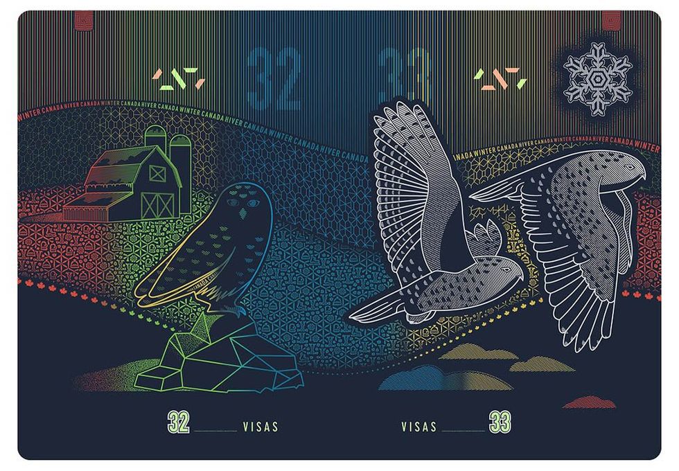 Blank visa pages in the new passport that show owls and children playing in winter