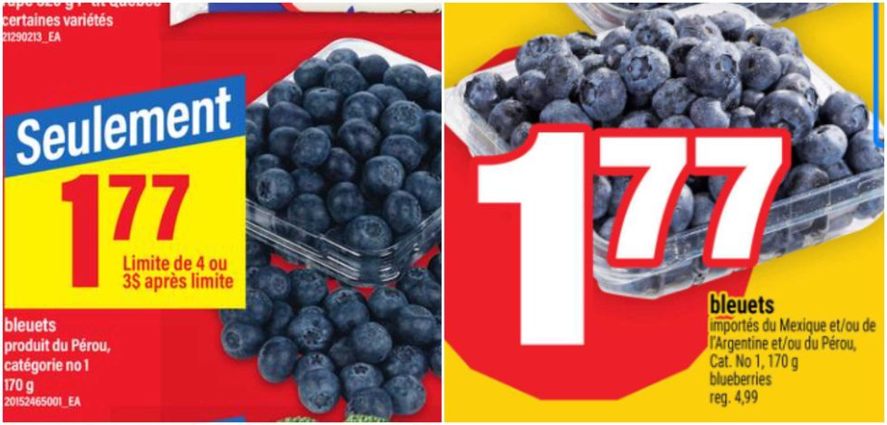Bleuets en rabais au Maxi. Droite : Bleuets en rabais au Super C.