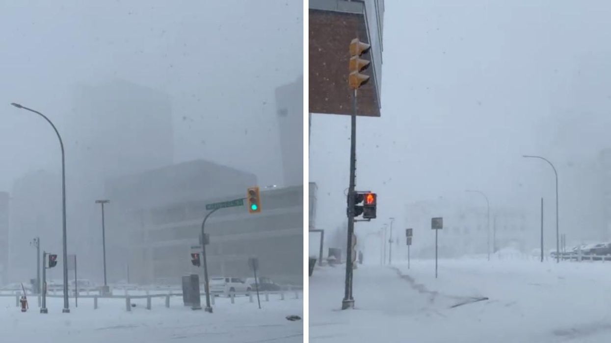 Blizzard conditions in Manitoba on April 13, 2022.