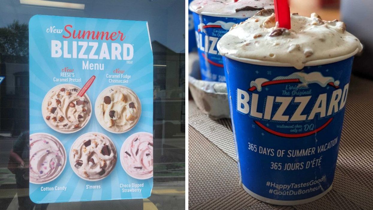 Blizzard signage at a Dairy Queen. Right: One of the new Blizzards from Dairy Queen.
