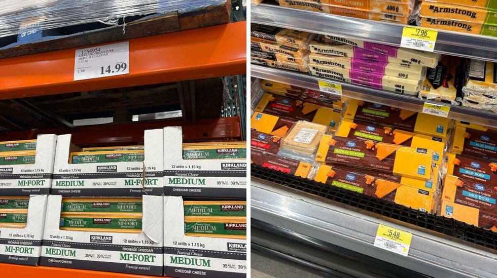 blocks of \u200b\u200bKirkland Signature cheddar cheese. Right: blocks of Great Value cheddar cheese.