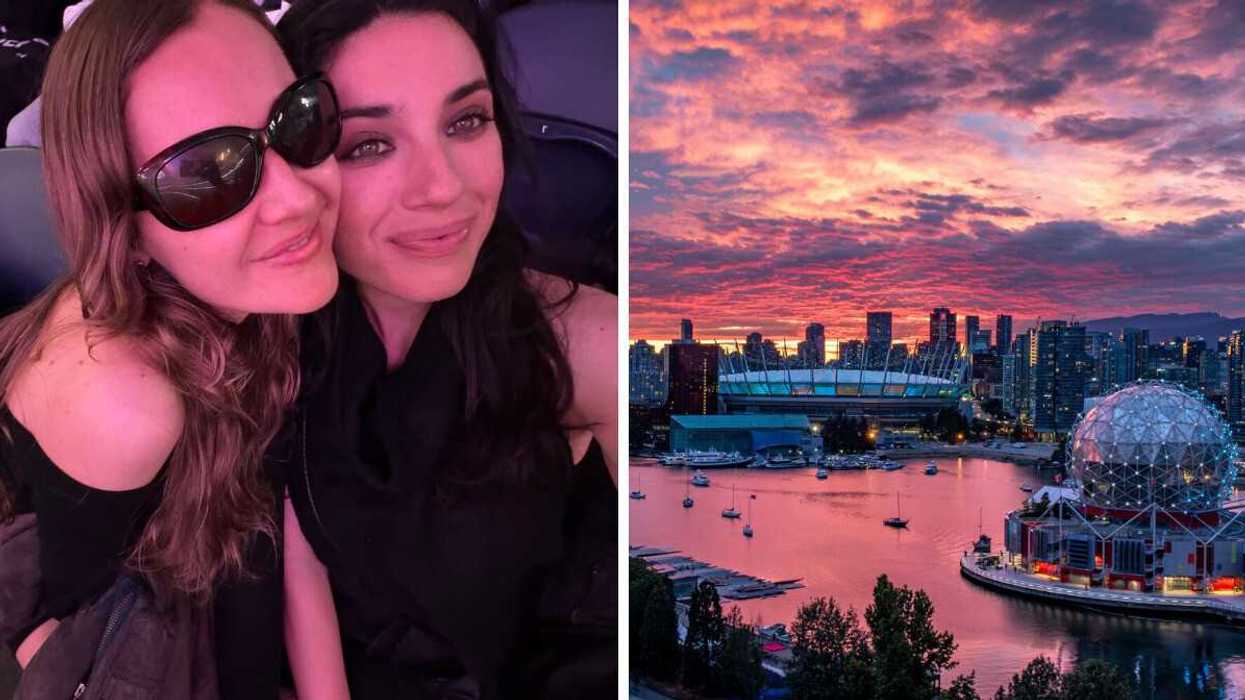 Blonde girl in black sunglasses and brunette girl in black dress take selfie together in pink light. Right: Vancouver BC skyline at sunset, view of water, science world and stadium.
