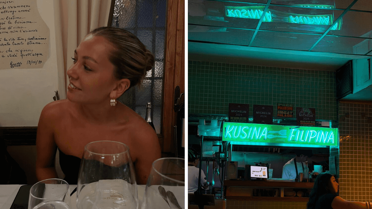 Blonde woman at dinner looking towards the waiter. Right: Neon sign inside restaurant that reads "Kusina Filipina"