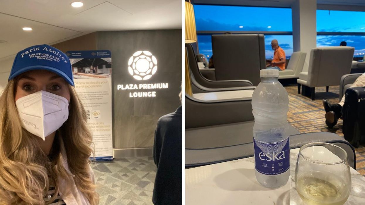 blonde woman in mask outside plaza premium international lounge terminal 3 pearson airport. right: a bottle of water and glass of white wine inside toronto pearson's plaza premium lounge