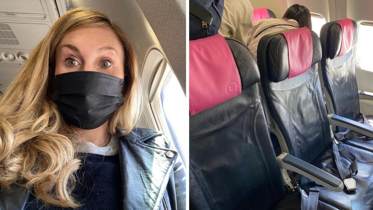 Blonde woman wearing a mask on a Swoop flight from Toronto to Cancun. Right: Seats on board a Swoop airplane.