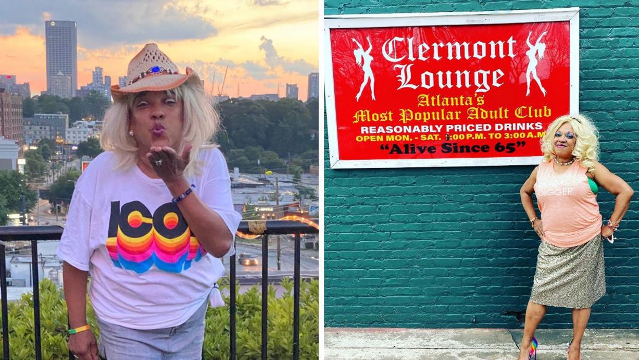 Blondie Strange in front of the Atlanta skyline. Right: Blondie Strange outside of a sign for the Clermont Lounge.