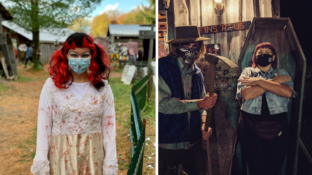 Bloody zombie in a farm orchard. Right: Haunted display with a tombstone.