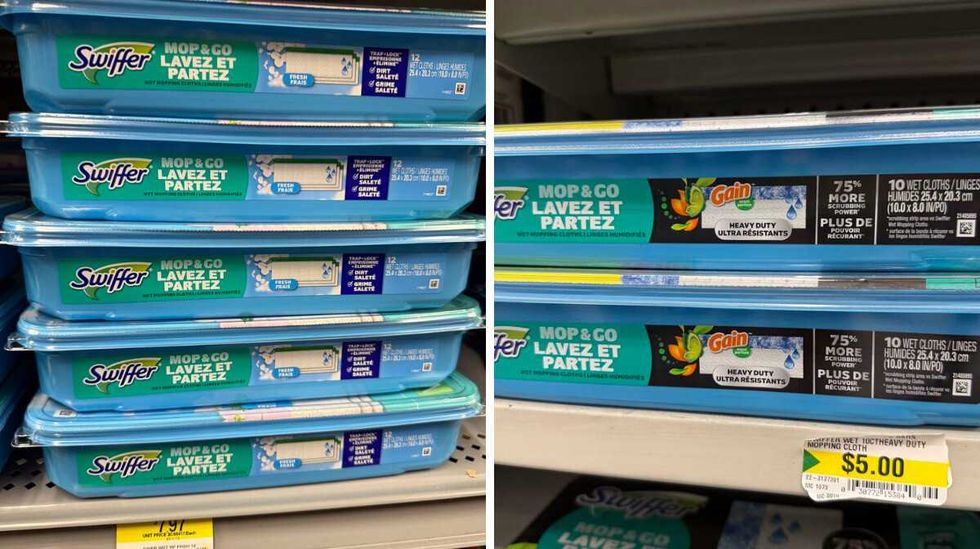 Blue and green packages of Swiffer wet cloths on a store shelf. Right: Blue and green packages of Swiffer wet cloths on a store shelf.