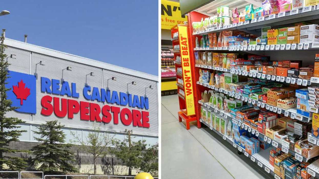 blue and red sign on exterior of real canadian superstore. right: aisle in no frills store with won't be beat sign