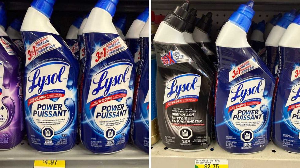 Blue and white bottles of Lysol toilet bowl cleaner on a store shelf. Right: Black and white and blue and white bottles of Lysol toilet bowl cleaner on a store shelf.