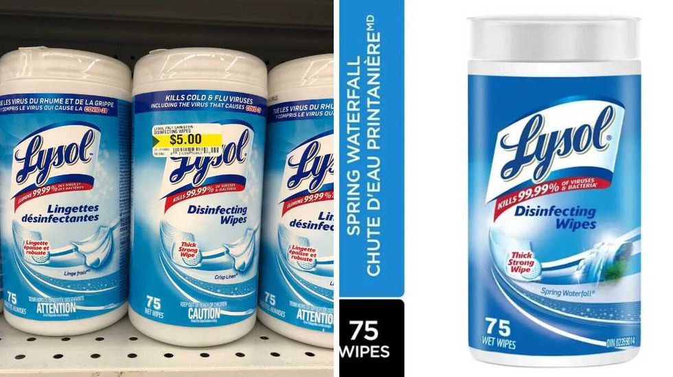 Blue and white tubs that say Lysol Disinfecting Wipes. Right: A blue and white tub that says Lysol Disinfecting Wipes.