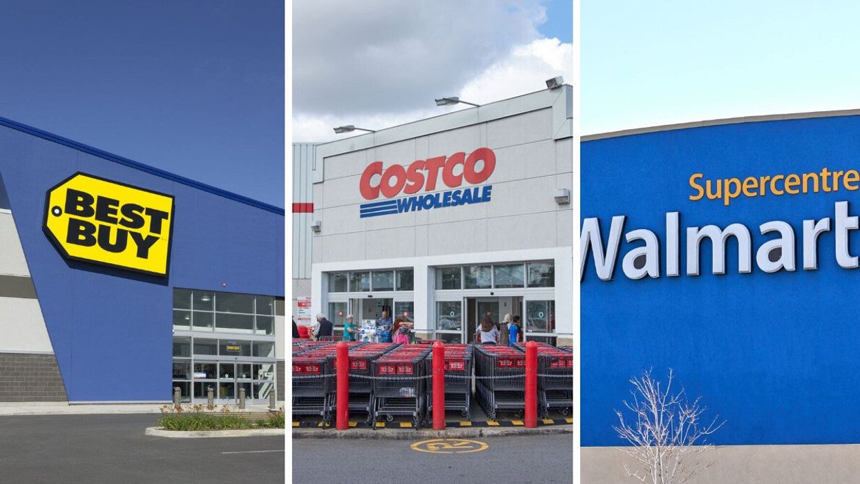 blue best buy storefront with a yellow sign. centre: entrance to a costco warehouse. right: blue walmart storefront