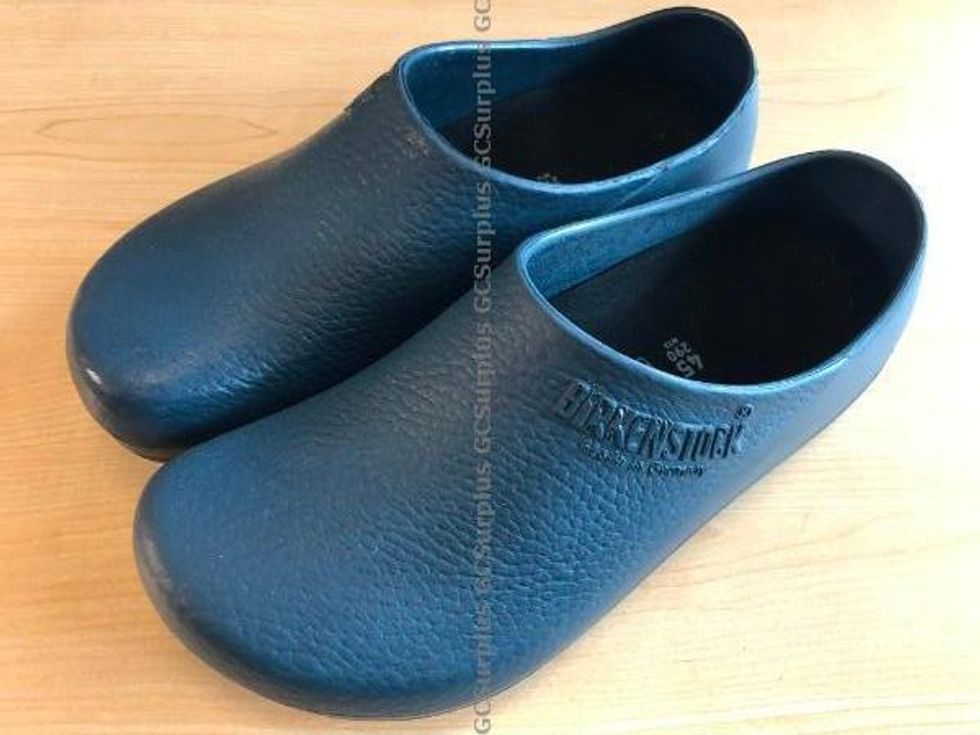 Blue Birkenstock shoes.