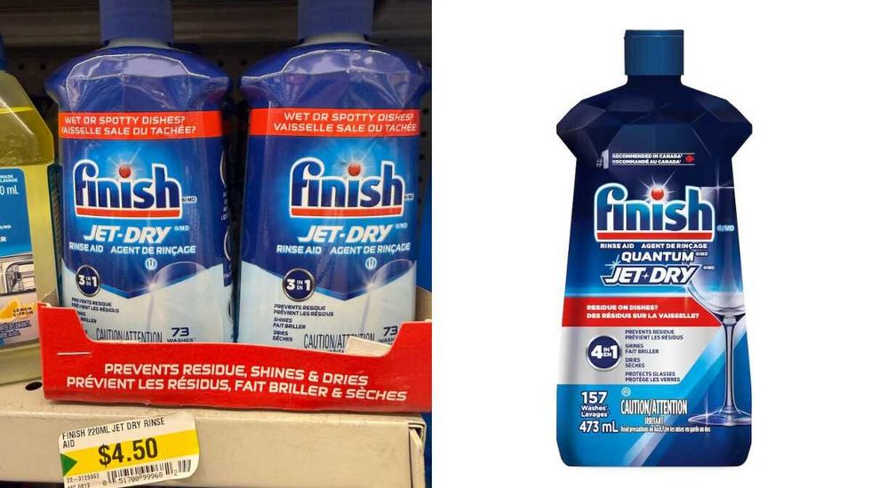 Blue bottles of Finish Jet Dry Rinse Aid on a store shelf. Right: A blue bottle of Finish Jet Dry Rinse Aid.