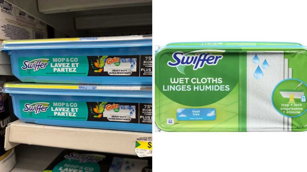 Blue boxes of Swiffer wet cloths on a store shelf. Right: A green container with the words Swiffer Wet Cloths on the front.
