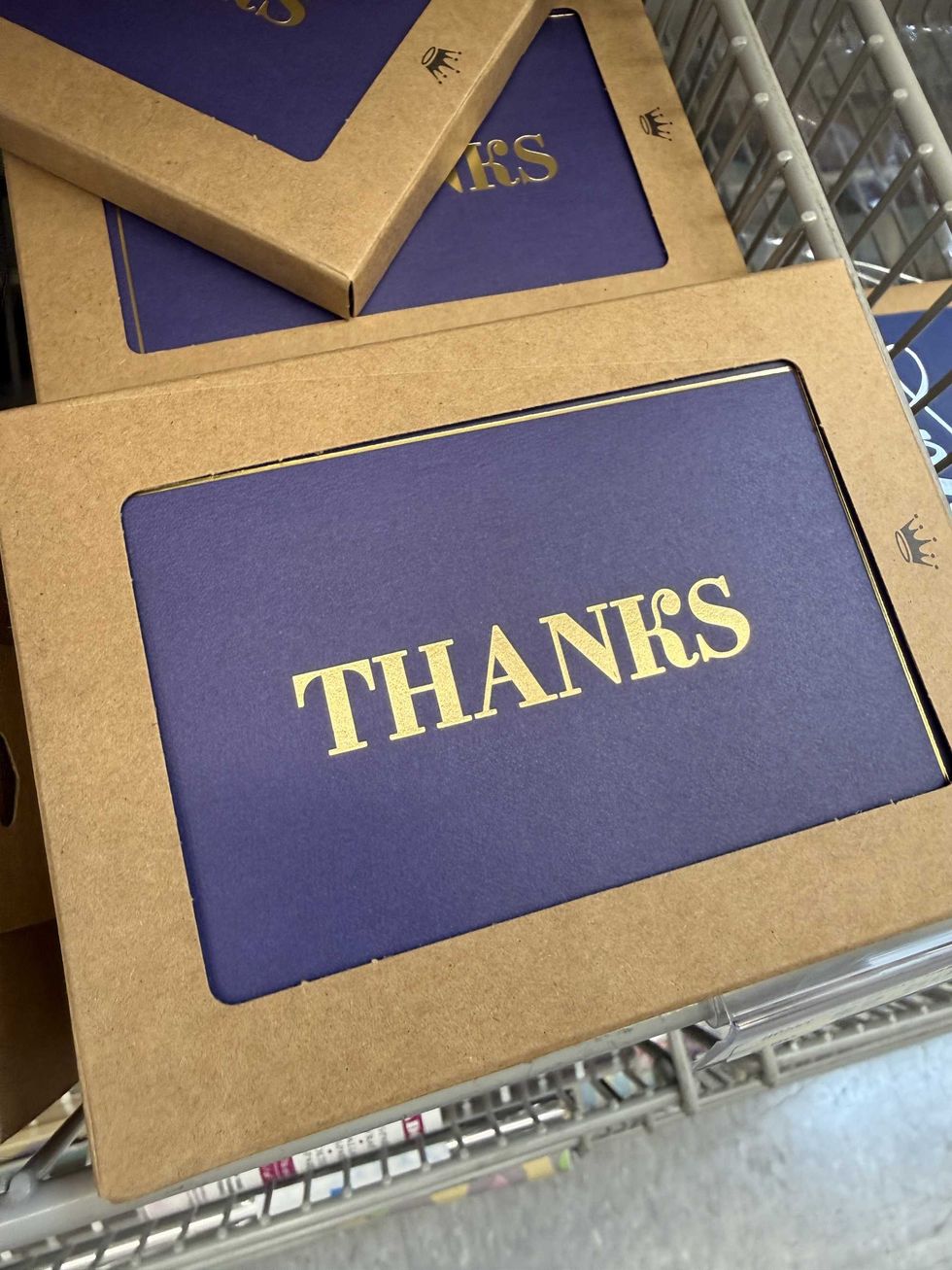 Blue cards that say "Thanks" in gold letters.