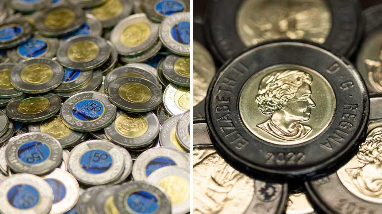 blue cn tower toonie. right: black and gold queen elizabeth toonie