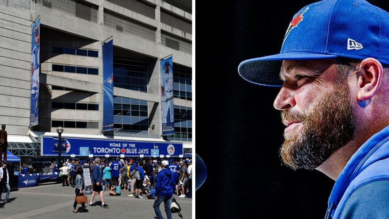 Blue Jays fans lining up outside Rogers Centre. Right: Blue Jays Manager John Schneider.
