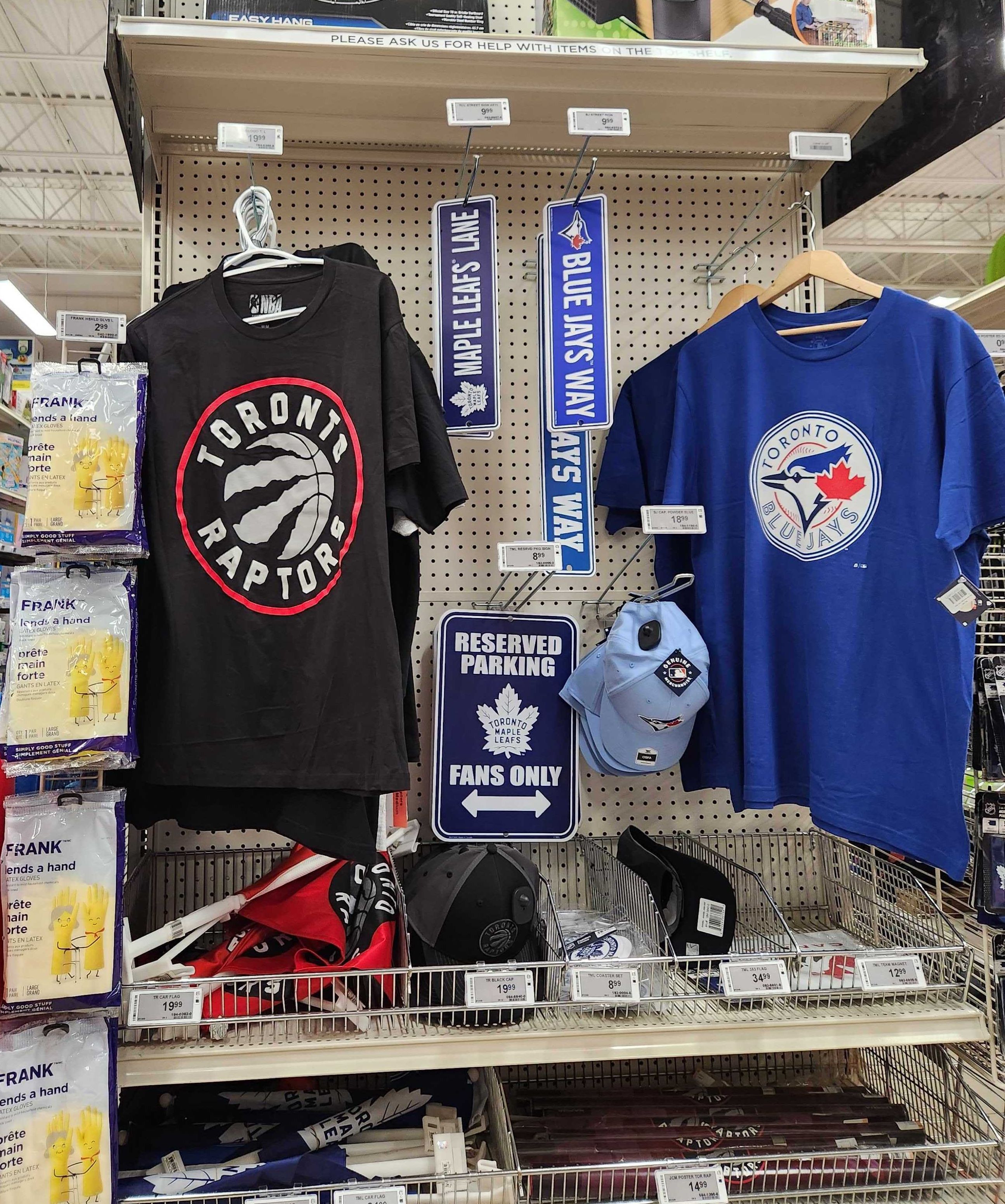Blue Jays, Leafs and Raptors merch at Canadian Tire.