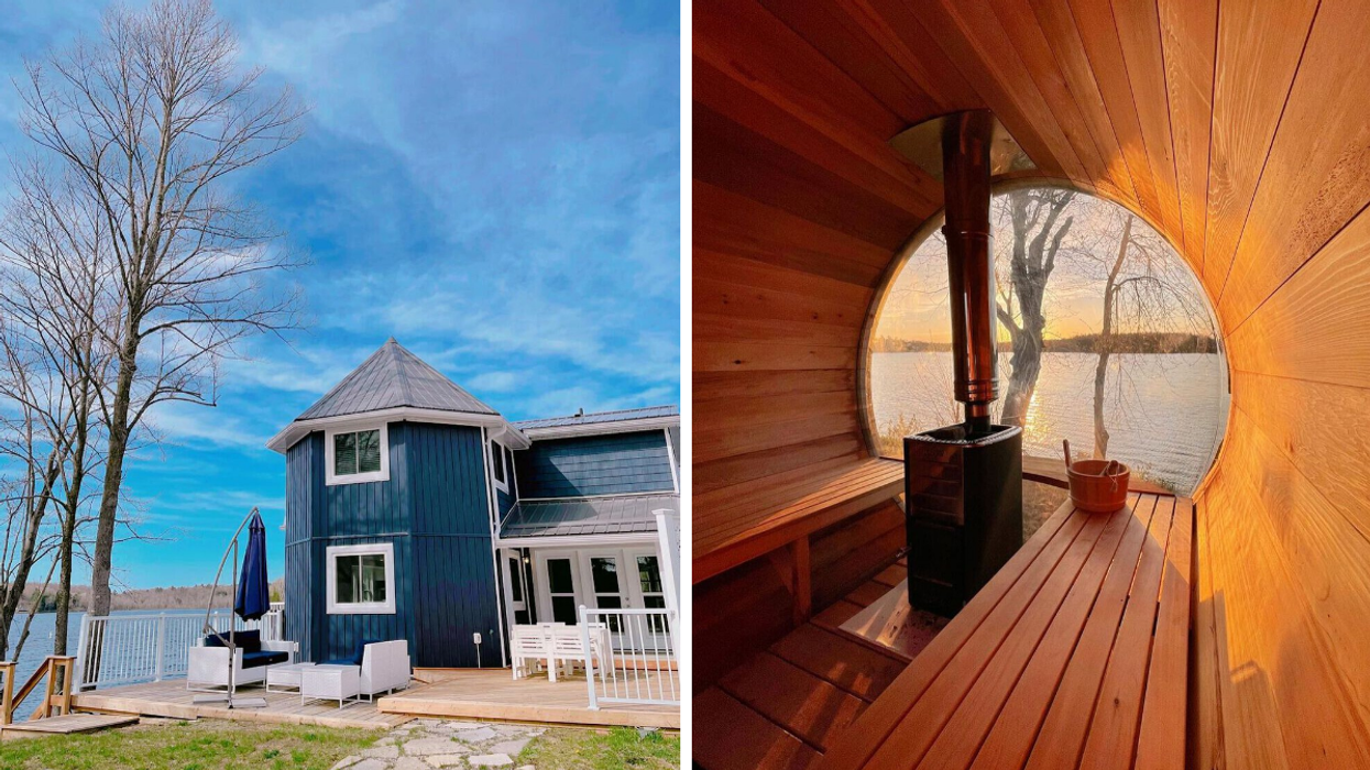 Blue lakehouse and deck overlooking the water. Right: Private barrel sauna with lake views.