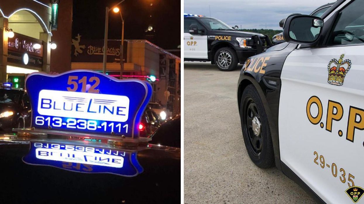 Blue Line taxi cab sign. Right: OPP vehicles.