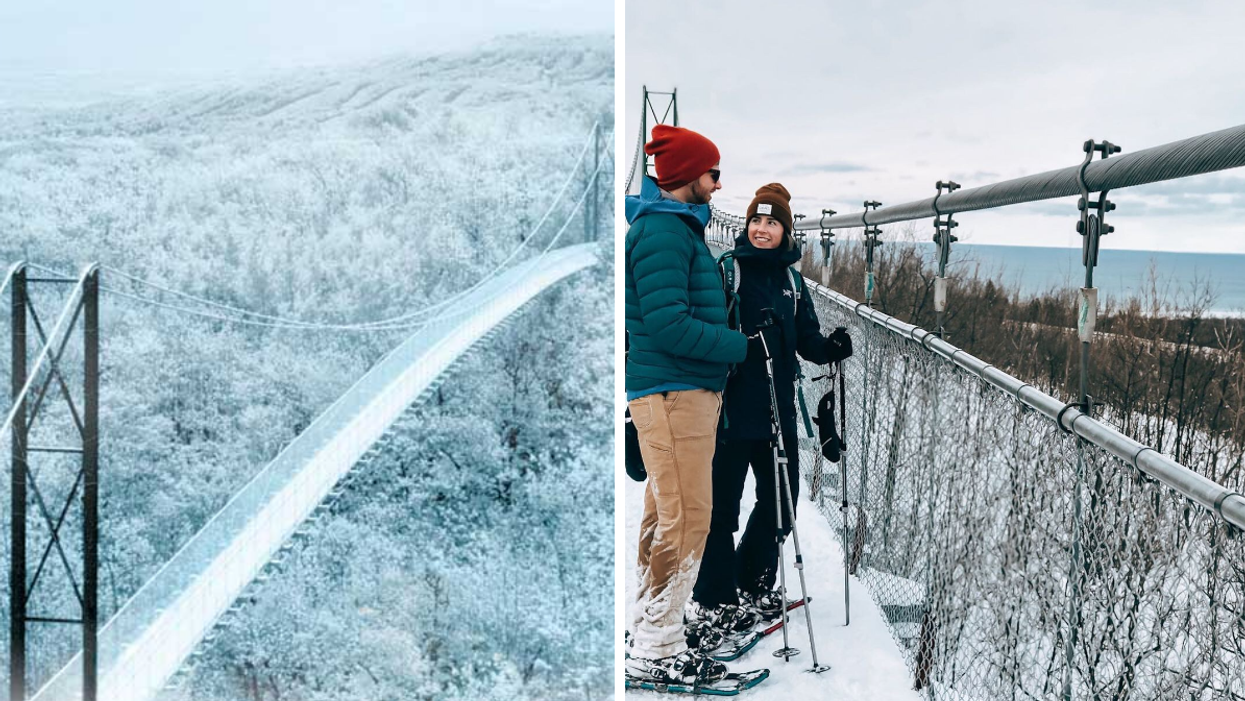 Blue Mountain Has A Giant Suspension Bridge Where You Can Snowshoe Over A Snowy Forest